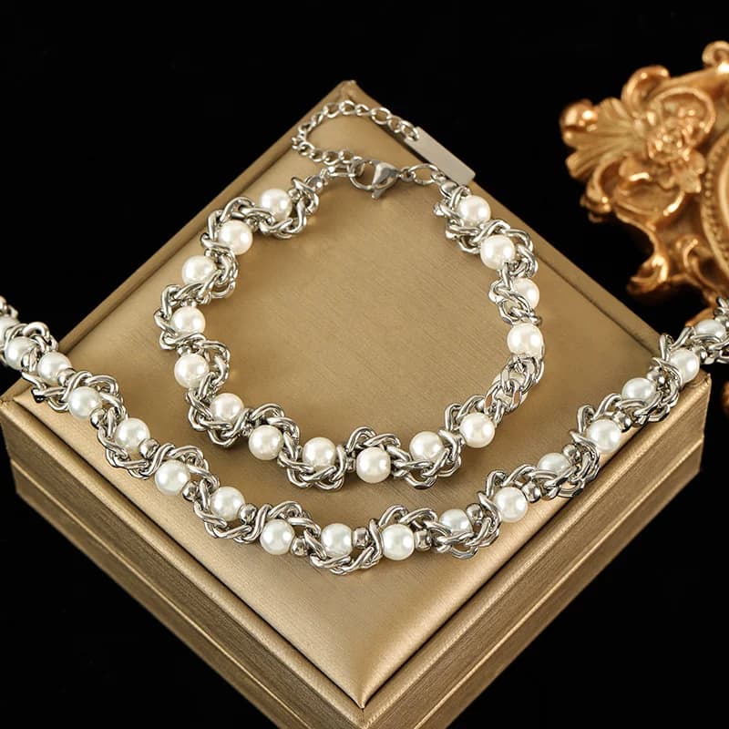 Perlen-Ketten Halskette und Armband Set, Silber