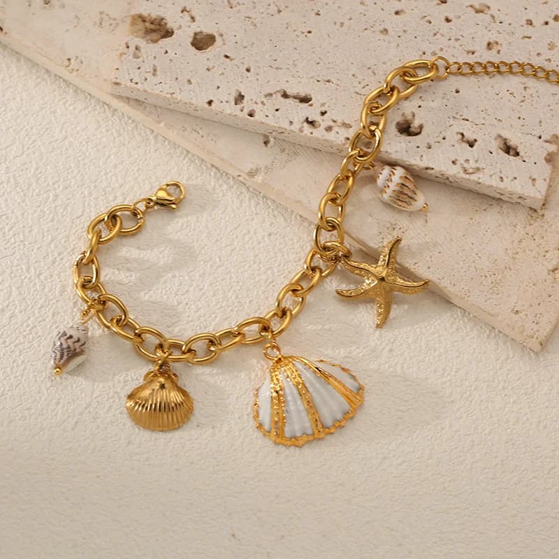 316L Edelstahl Strand-Armband mit Muschel- und Seestern-Anhängern