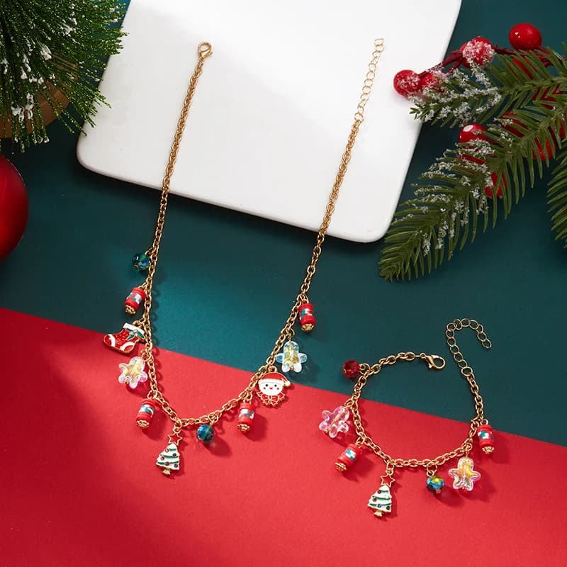 Weihnachtsbaum und Schneemann Halskette und Armband Set