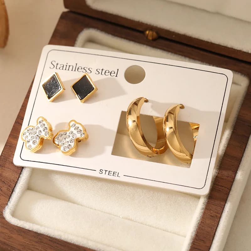 3-Paar Bär- und Quadrat-Hoop-Stecker-Ohrstecker-Set