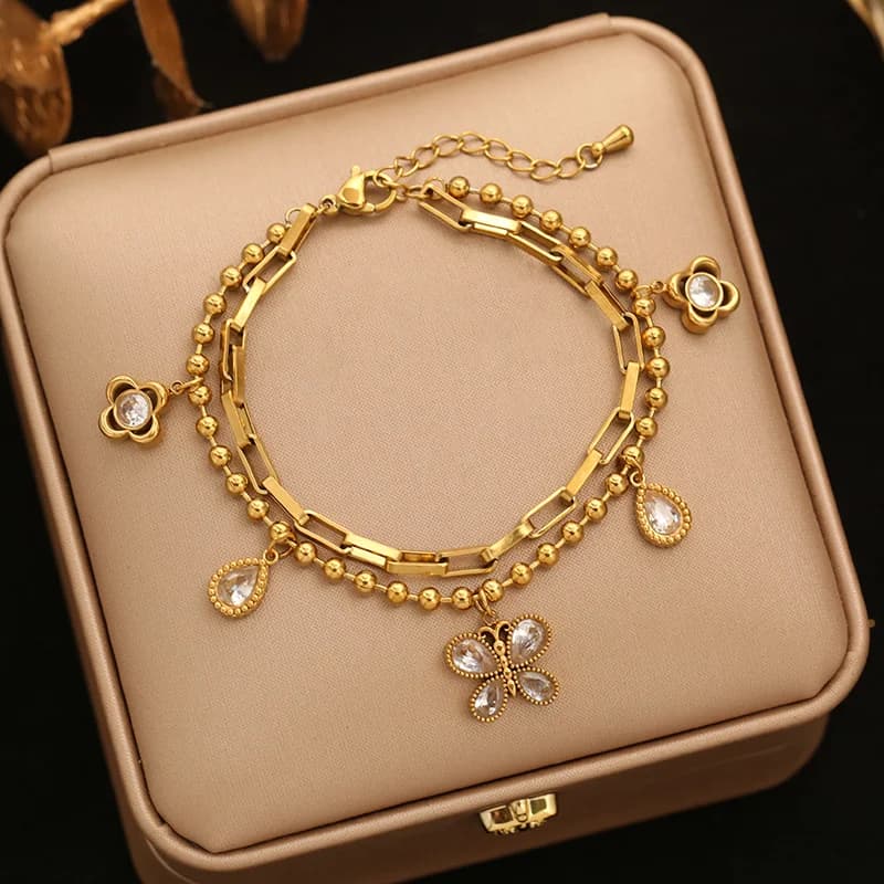 Herringbone-Armband mit Blumen & Perlen-Charm, 18K Gold